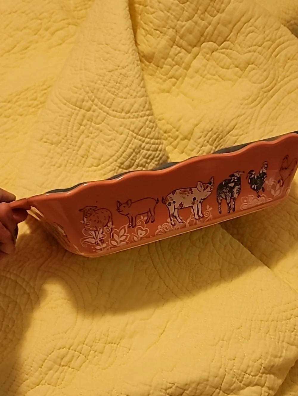 Urban Market Coral Exterior Baking Dish with Dark Teal Interior and Cow Motif